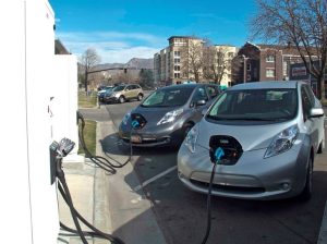 Nissan Leaf electric cars being re-charged in the United States/ Picture Alex Robertson