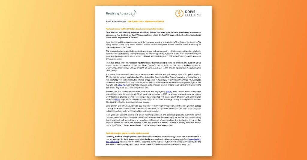 Drive Electric and Rewiring Aotearoa joint media release on the EV Salary Boost