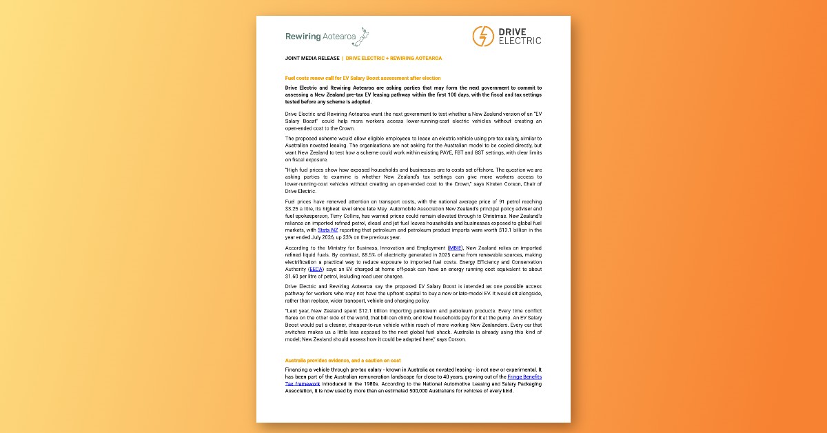 Drive Electric and Rewiring Aotearoa joint media release on the EV Salary Boost